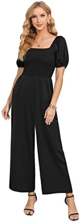 Love Welove Fashion Jumpsuits for Women Dressy Short Sleeve Smocked High Waist Wide Leg Pants Loose Romper Outfits