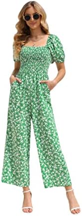 Love Welove Fashion Floral Jumpsuits for Women, casual Loose Romper Short Sleeve Smocked High Waist Wide Leg Pants Outfits