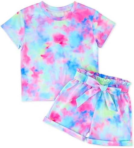 Girls Summer Outfits 2 Piece Tie-Dye Short Sets Casual T-Shirt and Paperbag Waist Shorts Set Cute Clothing Sets