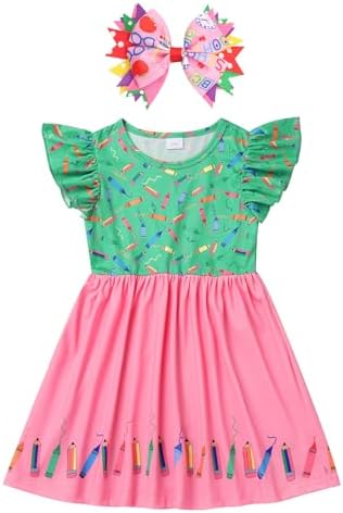 IDOPIP Back to School Dress for Girls Toddler Baby Print Casual Birthday Party Dress Headband First Day of School Outfits