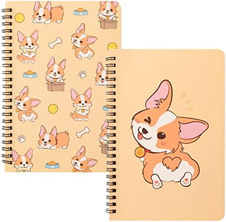 L1rabe 2 A5 Corgi Spiral Notebooks Cute Yellow Funny Corgi College Ruled Notebooks Hardbound Spiral Travel Drawing Journal Notepad Diary for Kids Teens, Back to School Gifts for Students Teachers