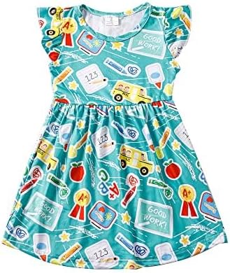 Toddler Girls Back to School Print Dresses Pencil Flutter Sleeve Clothes School Outfits 2-8Y