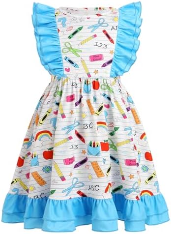 IMEKIS Toddler Kids Girls Back to School Dress Ruffle Sleeve Pencil Print Kindergarten First Day of School Outfit 3-8T