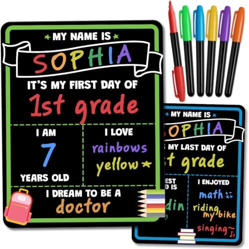 First and Last Day of School Board Sign with Liquid Chalk Markers Pack – Back to School Sign with Chalkboard Markers – 14”x11” Double-Sided – Back to School Supplies for Kindergarten Preschool