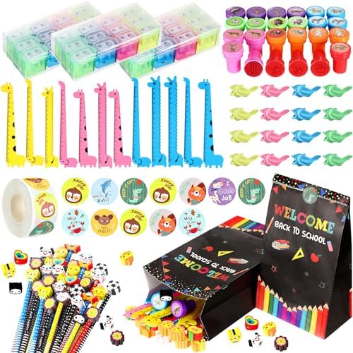 197 Pcs Back to School Supply Kit Including Welcome Back to School Goodie Bags, Animal Stamps, Pencil, Handwriting Grips, Sharpeners, Rulers, Sticker, Back to School Essentials for Boys Girls