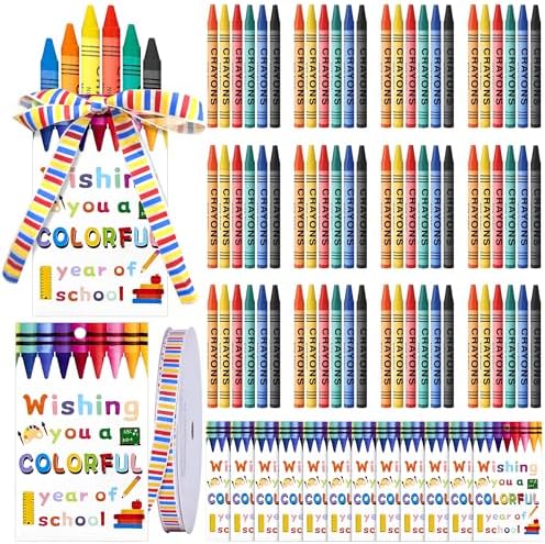 169 Pcs Back to School Crayon Gift Include 24 Set 144 Pcs Multicolor Crayon and 24 Pcs Welcome Greeting Cards with Ribbon Back to School Gifts for Teachers Students Kids Classroom Supplies