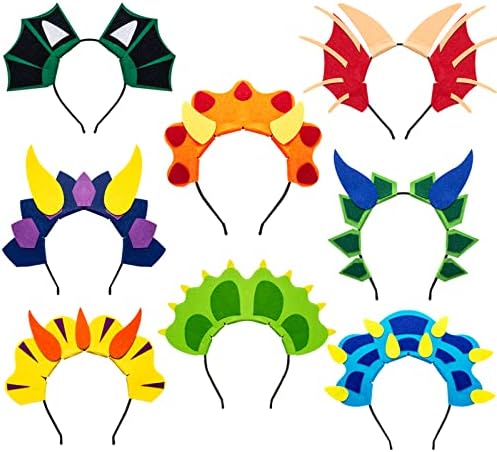 8Pcs Dinosaur Headbands Party Hats for Girls Boys Birthday Decorations Supplies Favors Felt Dragon Headpiece as Kids Toddlers Photo Booth