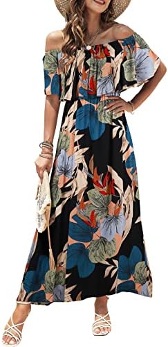 Bluetime Womens Maxi Dress Off Shoulder Floral Print Boho Beach Long Summer Dresses