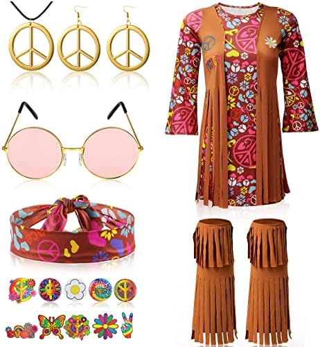 Kathfly 18 Pcs Girls 70s 60s Outfits Kids Hippie Costume Set Hippie Dress Vest with Tassel Socks Peace Sign Headband Necklace