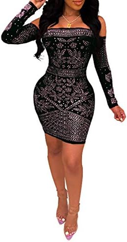 PORRCEY Women’s Sexy Hot Drilling Craft Rhinestone Dress Bodycon Party Club Night Out Dresses Clubwear