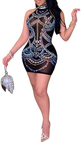 PORRCEY Women’s Sexy Rhinestone Sleeveless Night Club Dress Party Clubwear for Women