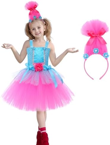 Trolls Costumes for Kids Girls Princess Poppy Tutu Dress Cosplay Halloween Outfits Party Dress Up