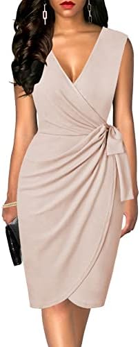 oten Womens Sleeveless Deep V Neck Sheath Knee Length Cocktail Party Work Faux Wrap Formal Dress